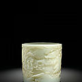 A white jade brushpot with scholars in landscape, qing dynasty, 18th century