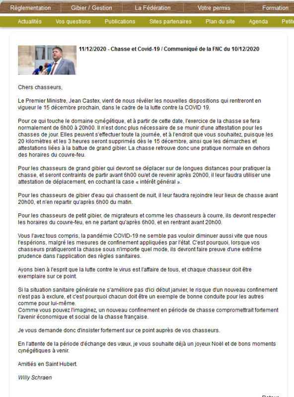 Screenshot_2020-12-12 Chasse et Covid-19 Communiqué de la FNC du 10 12 2020 - actualites - Fédération des Chasseurs de la S[