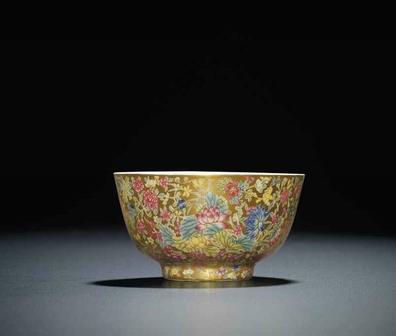 A rare gilt-ground famille rose millefleurs bowl, Qing dynasty, 18th-early 19th century, blue-enamelled caixiutang zhi hall mark