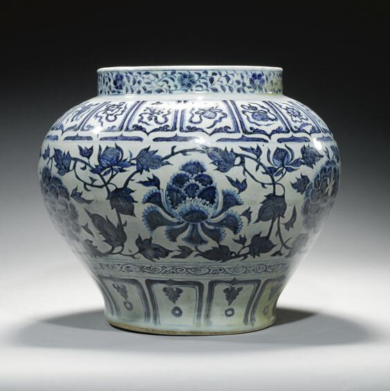 A large and rare blue and white ‘Peony’ jar, guan, Yuan dynasty, 13th-14th century
