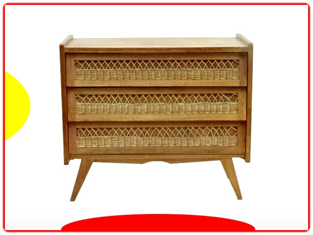 commode vintage en rotin pieds compas