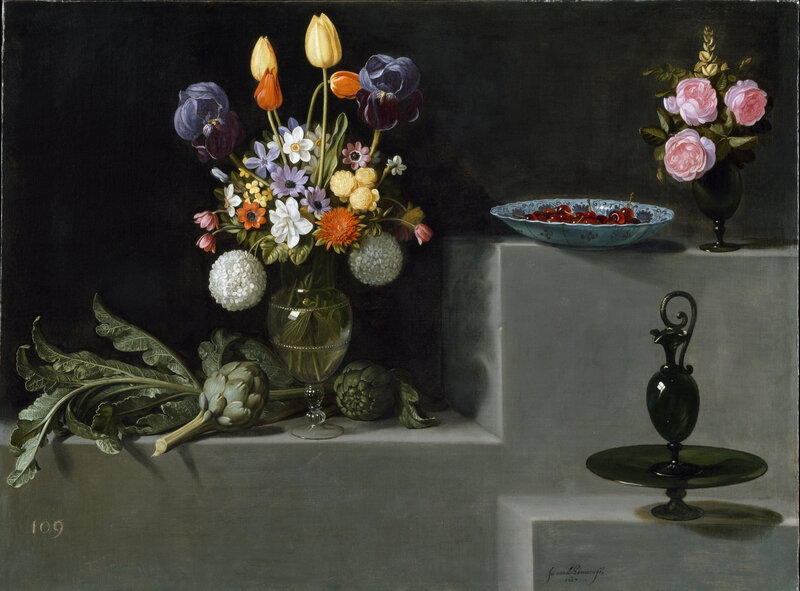 Still Life with Artichokes, Flowers and Glass Vessels