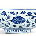 An exceptional and brilliantly painted large blue and white 'peony' bowl, mark and period of xuande (1426-1435)