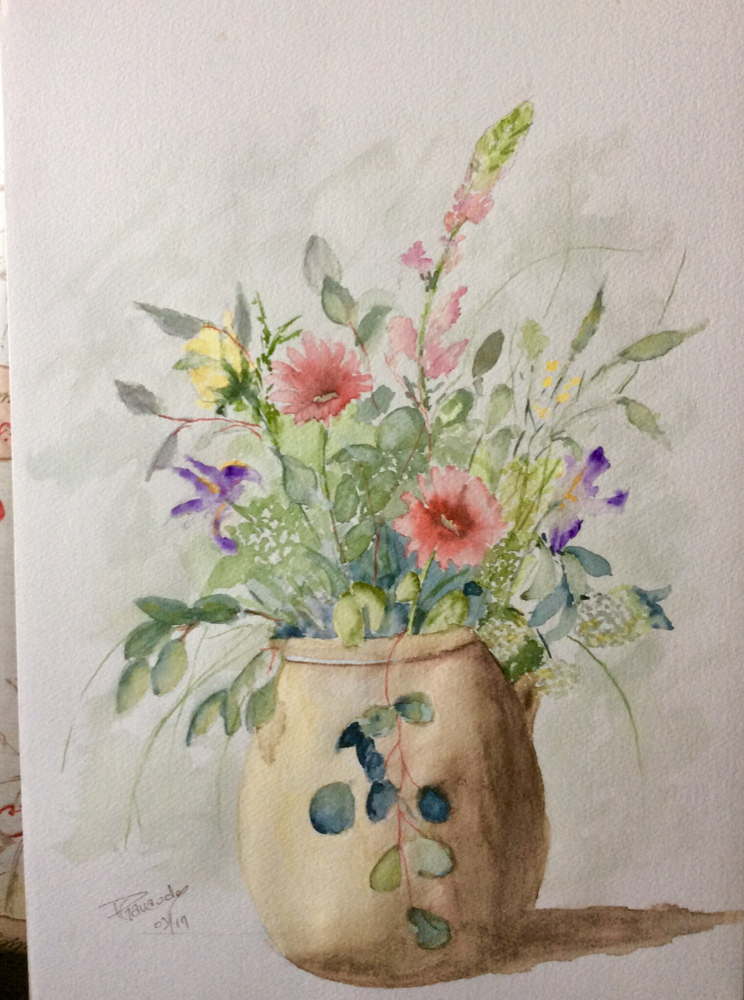 Pot de fleurs peint à l'atelier aquarelle - Mes Pastels et Aquarelles
