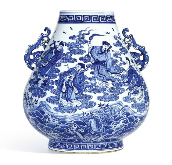 An extremely fine and rare largeÂ blue and white 'eight immortals' vase, hu, seal mark and period of Qianlong (1736-1795)