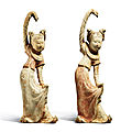 Two painted pottery standing figures of female dancers, tang dynasty (618-907)