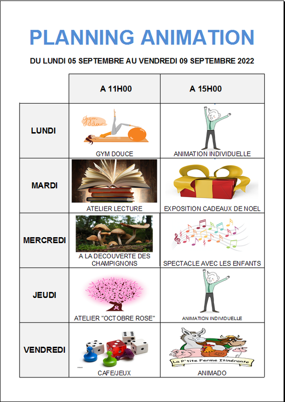 Planning Des Animations De La Semaine Prochaine,   EHPAD J&M Colaud