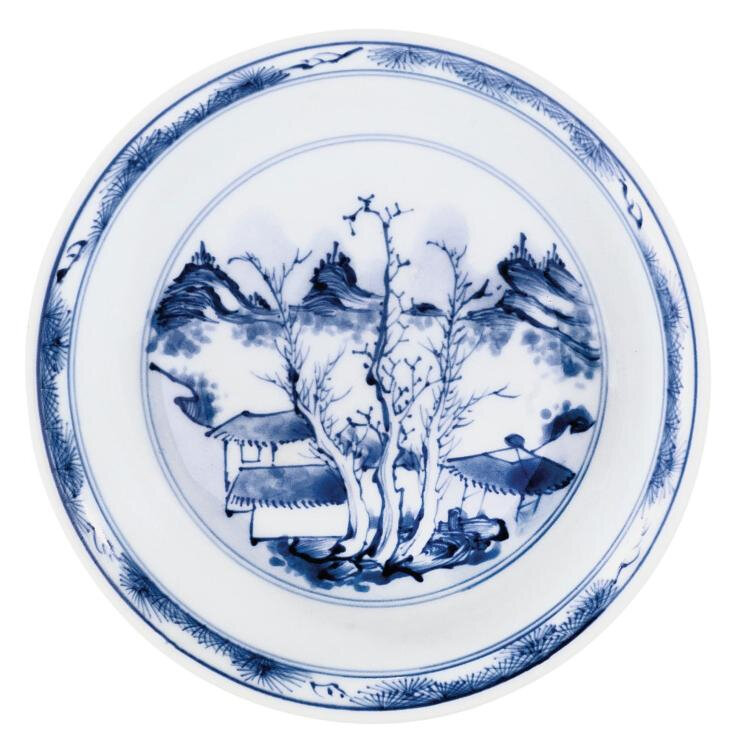 A blue and white 'Master of the Rocks' dish, Qing dynasty, Kangxi period (1662-1722)