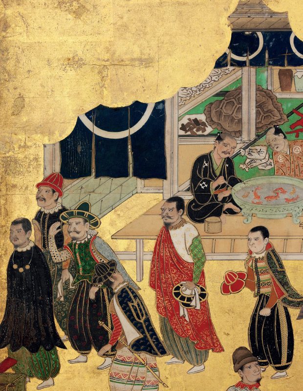 An important Nanban six-fold screen depicting the arrival of a Portuguese ship for trade, Edo period, 17th century d1