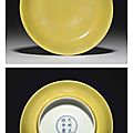 An_Imperial_yellow_glazed_dish__Zhengde_six_character_mark_in_underglaze_blue_within_a_double_circle_and_of_the_period__1506_1521_