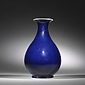 A blue-glazed pear-shaped vase, yuhuchunping, Qianlong seal mark and of the period. Photo Bonhams.