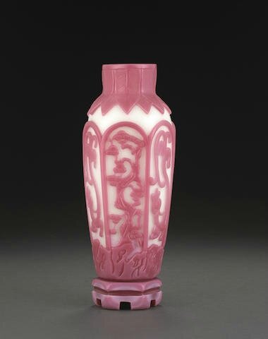 A pink overlay milky white glass hexagonal vase and matching stand, Qianlong mark, 18th-19th century