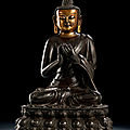 A rare parcel-gilt bronze figure of buddha shakyamuni, 15th-16th century