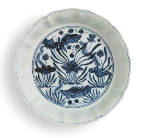 Blue and white ‘fish pond’ brush washer, mark and period of Xuande, from the Meiyintang collection