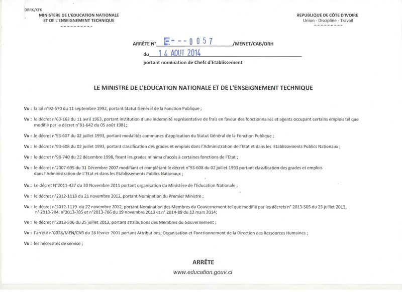 EDUCATION NATIONALE ARRETE DU 14 AOÛT 2014 PORTANT NOMINATION DES CHEFS D EDUCATION NATIONALE ARRETE DU 14 AOÛT 2014 PORTANT NOMINATION DES CHEFS D