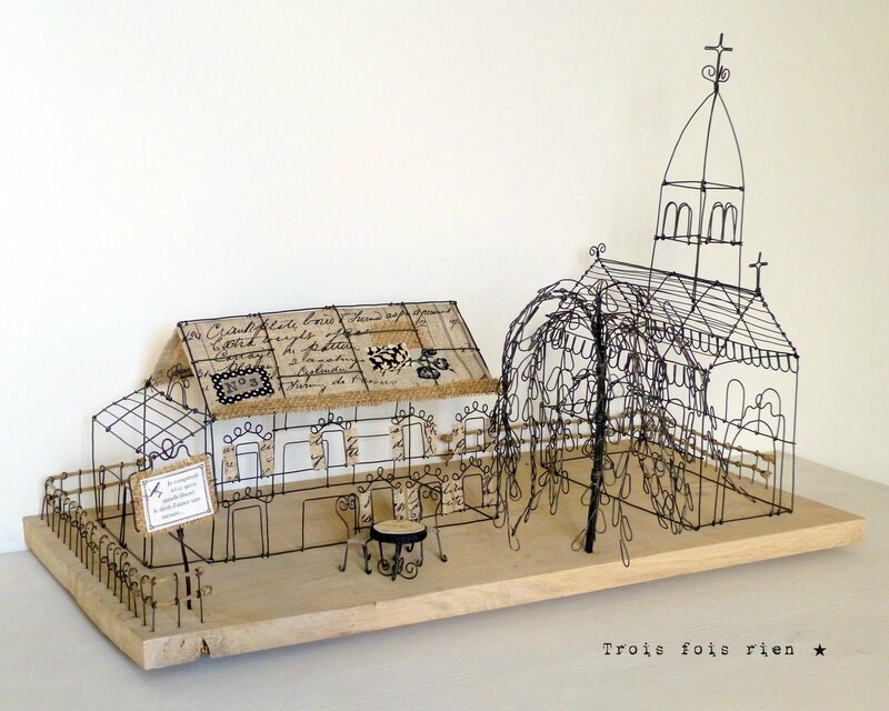 There is no place like home, wire art, fil de fer, wire, wire tree, wire house, wire church, trois fois rien 1