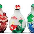 Three overlay glass flattened snuff bottles, 19th century