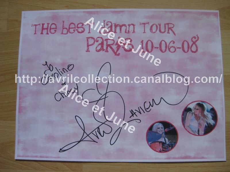 Autographe d'Avril Lavigne reçus le 10 juin 2008 à Paris