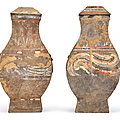 A pair of painted pottery square vases and covers, hu, han dynasty (206 bc-220 ad)