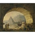 Hubert robert (paris 1733 - 1808), view of antiquities under an arch.