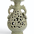 A longquan celadon openwork vase, yuhuchunping, yuan dynasty, 14th century
