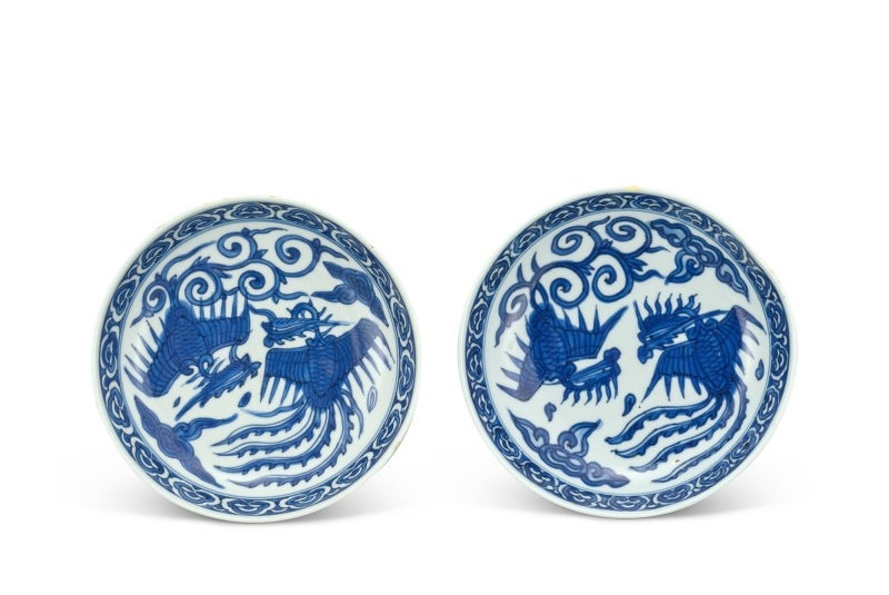 A pair of blue and white 'phoenix' saucer dishes, Marks and period of Wanli (1573-1619)