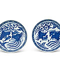 A pair of blue and white 'phoenix' saucer dishes, marks and period of wanli (1573-1619)