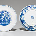 A pair of blue and white 'three friends' dishes, daoguang seal marks in underglaze blue and of the period (1821-1850)