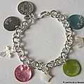 Bracelet sur chaîne plaqué argent ronde 4 médailles et breloques en nacre