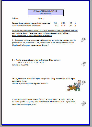 Evaluation Maths Cm2 Les Moyennes Titicole