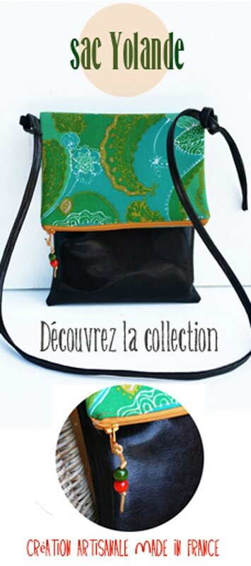Sac YOLANDE original vintage à rabas zippé - bandoulière marron et vert à motif CrApule FActOry