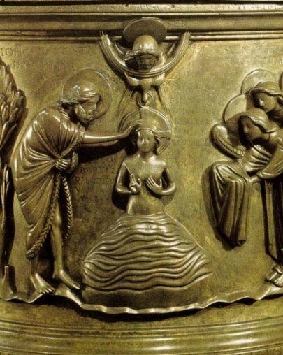 Baptême de Jésus, font baptismal, Reiner de Huy, 1107-18