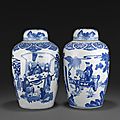 Two blue and white ovoid covered jars, Kangxi. Photo Bonhams.