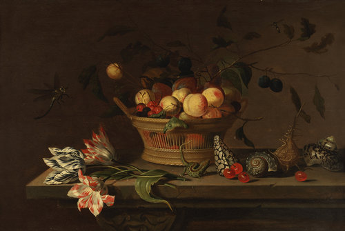 Still life with a gilt tazza and a basket filled with flowers by