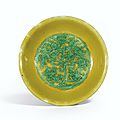 A yellow-ground green-enamelled ‘Longevity’ dish, Jiajing mark and period