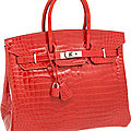 Hermes 35cm shiny braise red porosus crocodile birkin bag with palladium hardware