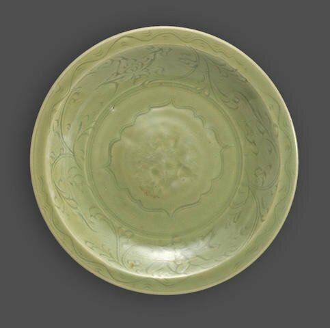 A Longquan celadon deep dish with incised and stamped decoration, Ming dynasty