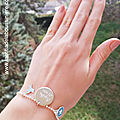 Bracelet personnalisé sur chaîne perles argent colombe en argent, médaille en argent gravée et étoile star turquoise (porté)