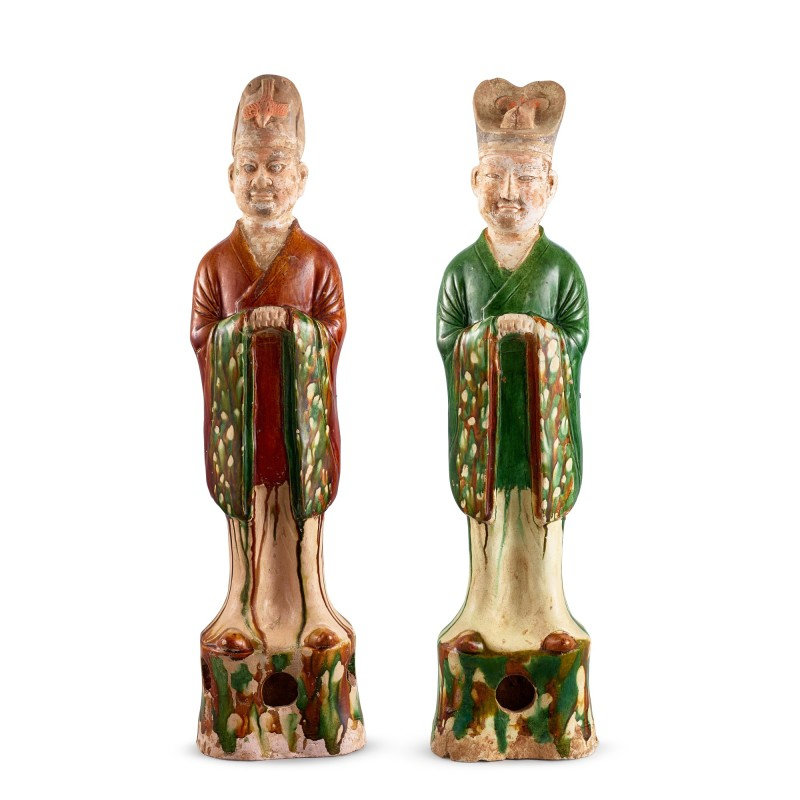 Two sancai pottery figures of officials, Tang dynasty