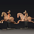 Two red pottery figures of female polo players, Tang dynasty (618-907)