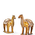Two parcel-glazed pottery camels, china, sui-tang dynasty, 7th century