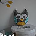 doudou hibou turquoise jaune moutarde gris