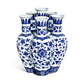 An extremely rare blue and white 'lotus' conjoined vase, seal mark and period of qianlong (1736-1795)