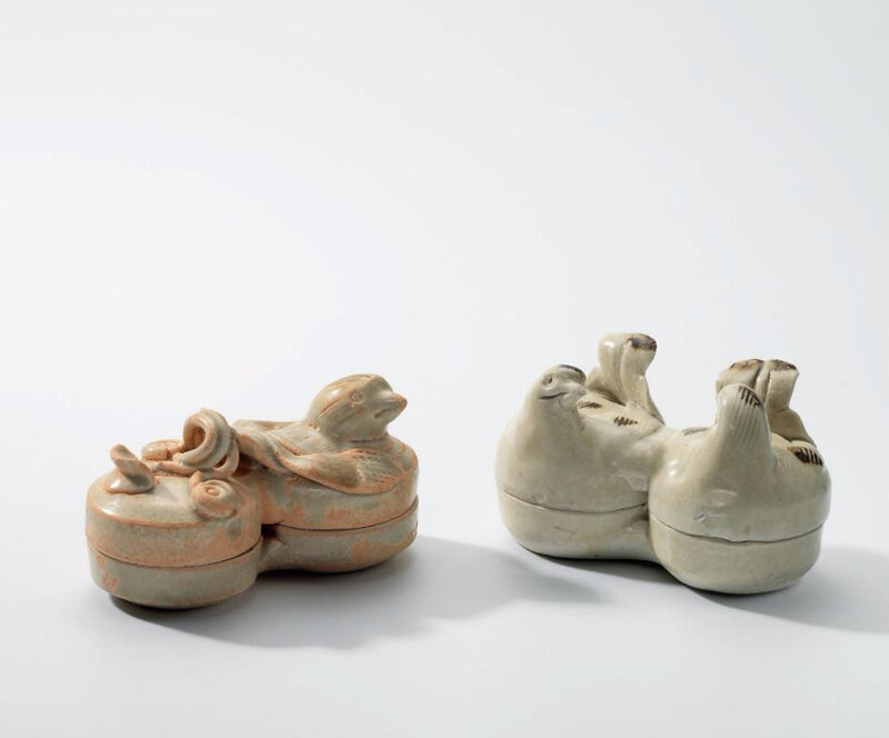 A Qingbai iron-spot ‘Mandarin ducks’ conjoined box and cover and a celadon iron-spot bird-form conjoined box and cover, Song dynasty (960-1279)