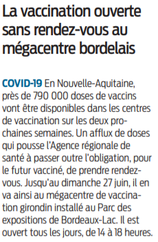 2021 06 25 SO La vaccination ouverte sans rendez-vous au mégacentre bordelais