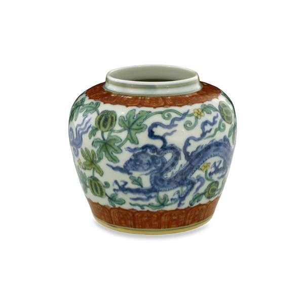 Doucai jar. Height: 12.000 cm. Diameter: 12.000 cm (base). Jingdezhen, Jiangxi province, southern China, Ming dynasty, Chenghua reign (AD 1465-87). Bequeathed by Mrs Walter Sedgwick. Asia OA 1968.4-22.41. © Trustees of the British Museum