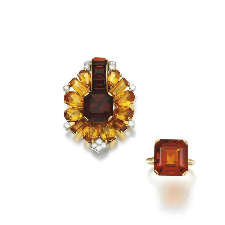 Citrine and diamond brooch and ring, Cartier, 1930s