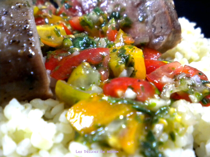 Carré d’agneau, sauce vierge aux tomates-cerises sur lit de boulgour 4