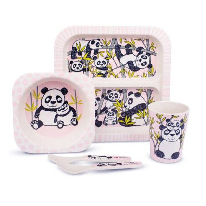 Lot vaisselle et couverts en bambou motifs pandas Tyrrell Katz