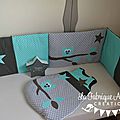 linge lit bébé hibou étoiles turquoise gris - décoration chambre enfant bébé hibou étoiles turquoise gris